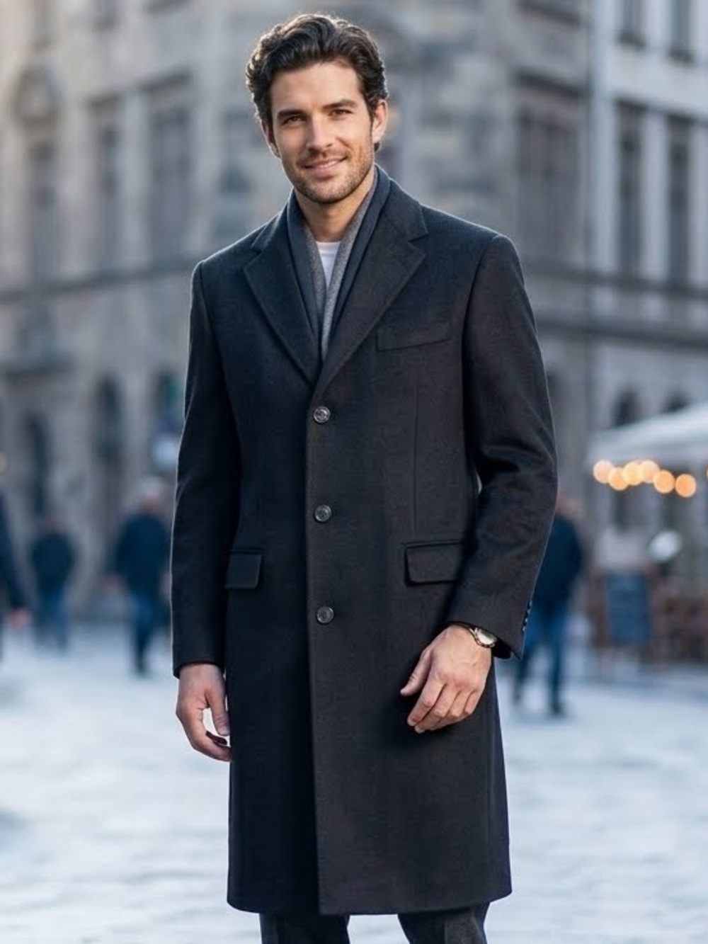 DiSilver Italy Men's 44L Black Cashmere Wool Blnd Single-Breasted Long Overcoat